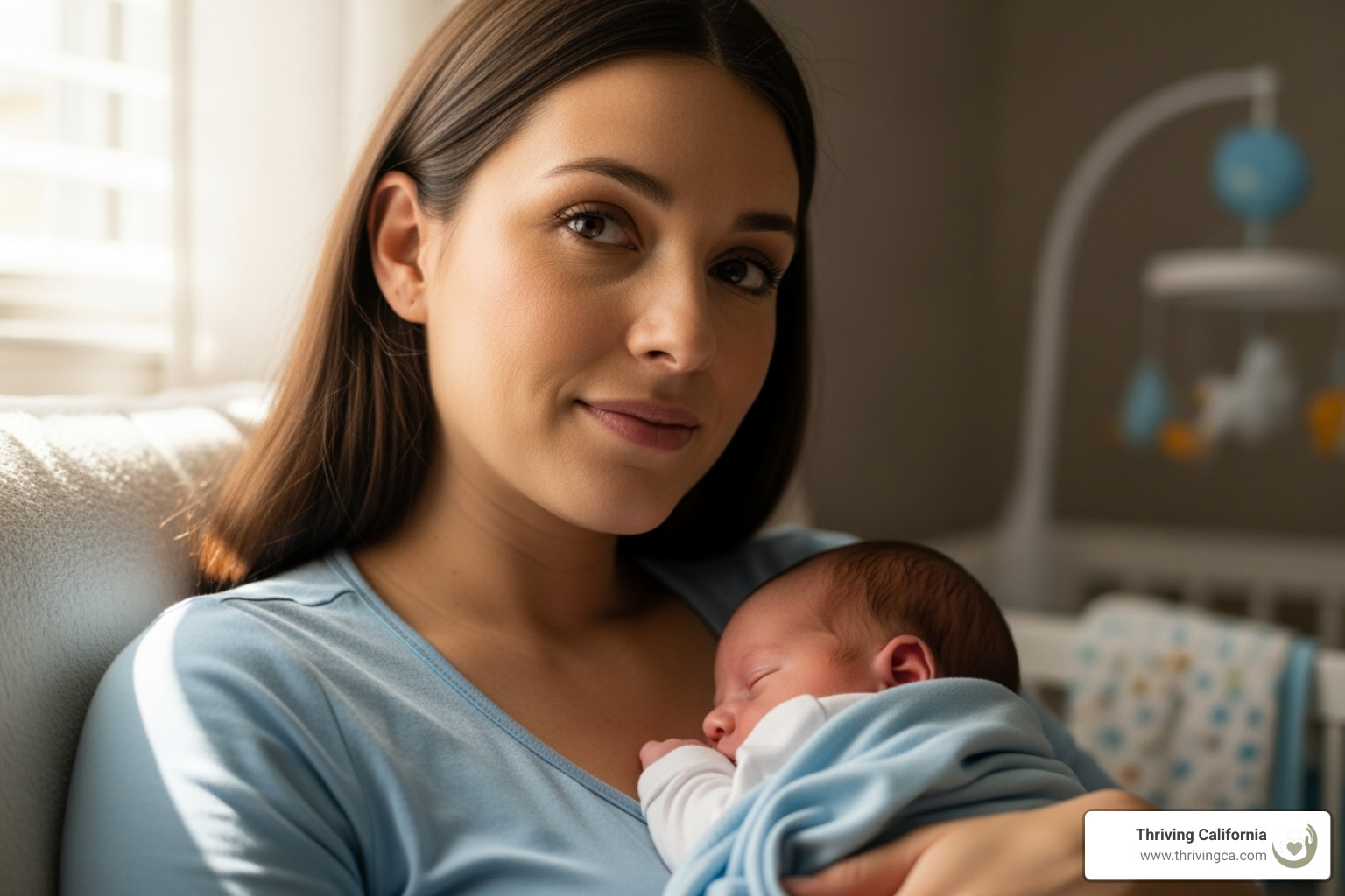new mother looking thoughtful while holding her baby - early parenthood challenges