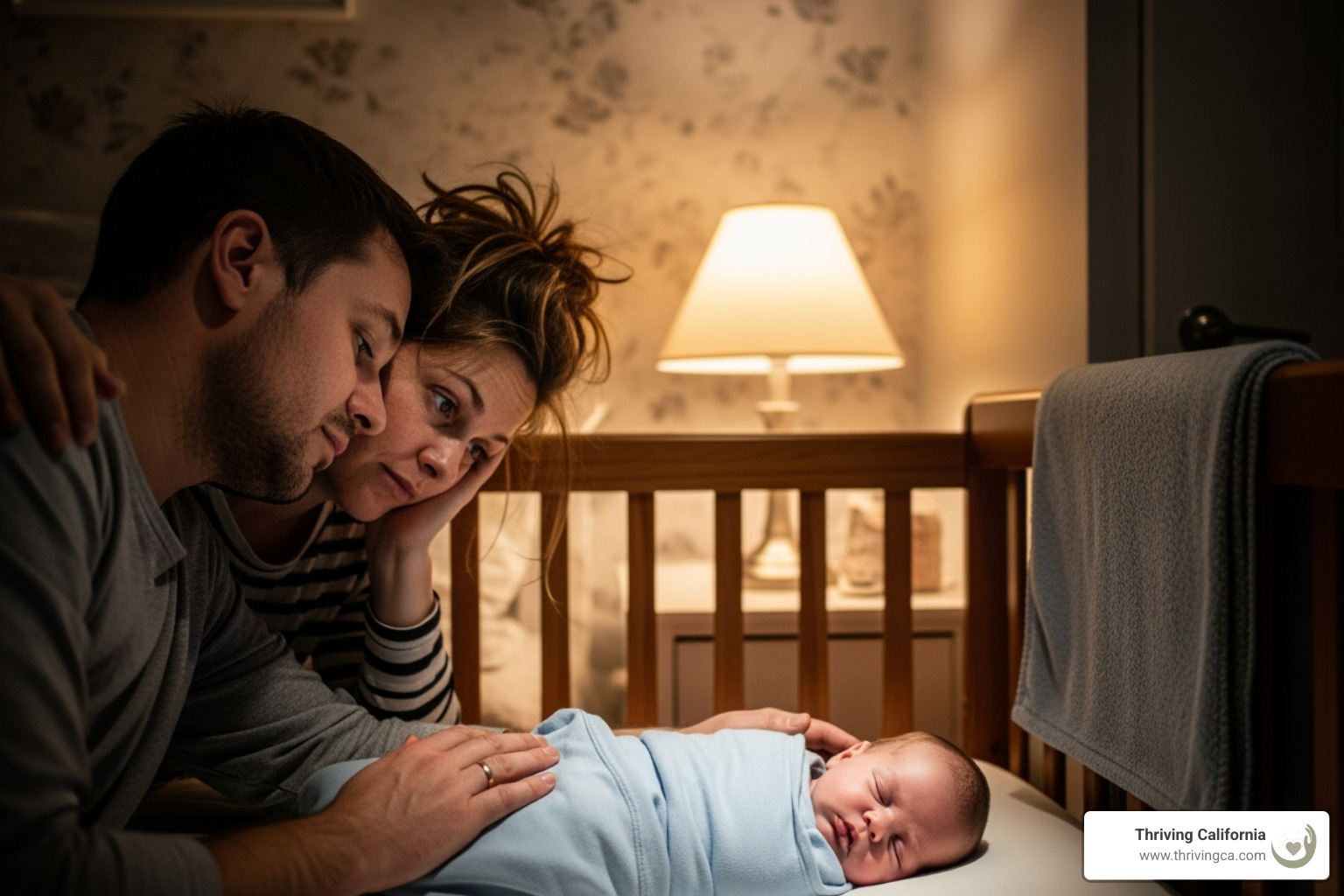 couple looking at their sleeping baby with a mix of exhaustion and affection - early parenthood challenges