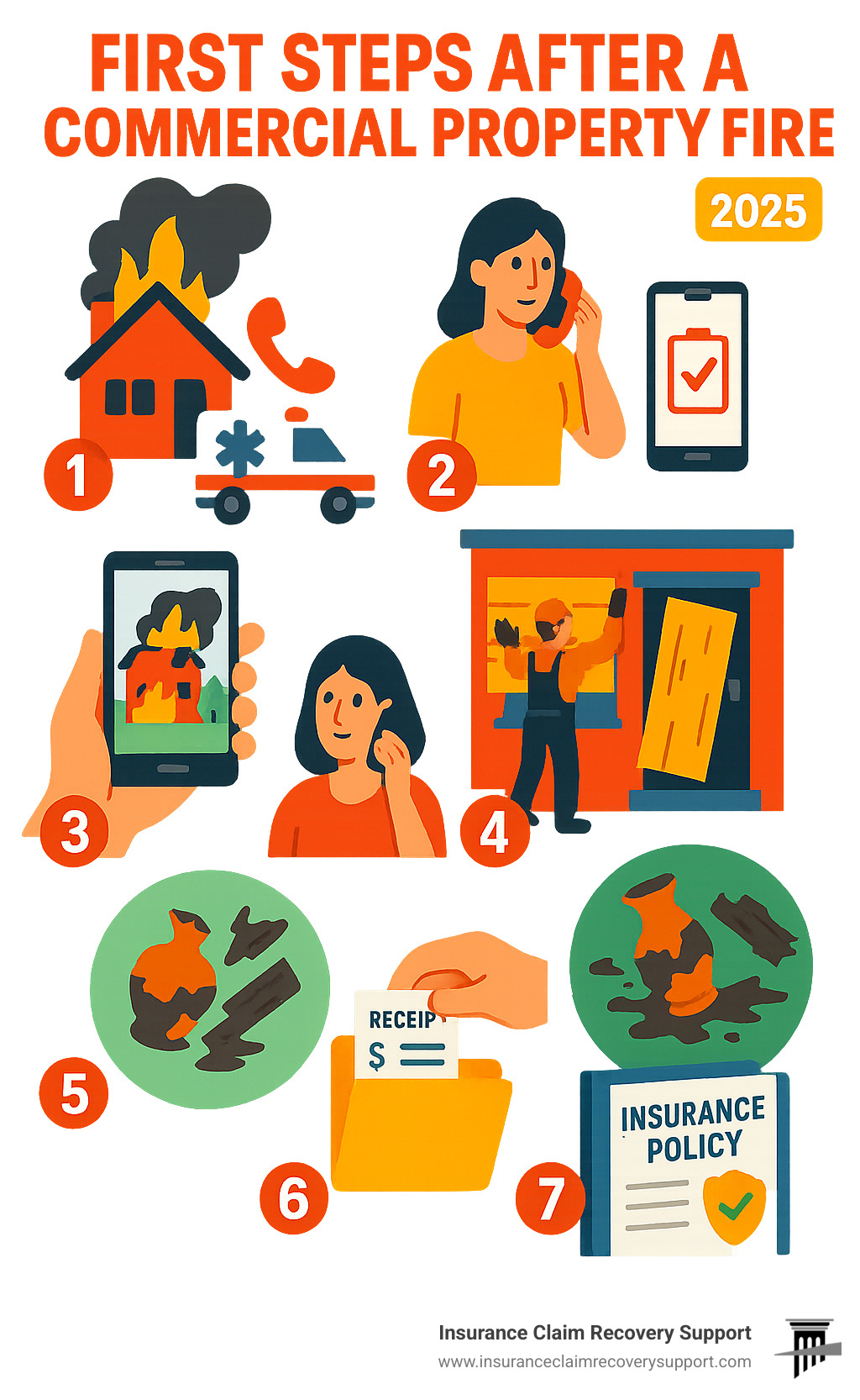 Comprehensive infographic showing the critical first steps after a commercial property fire: 1) Ensure safety and call emergency services, 2) Contact your public adjuster before the insurance company, 3) Document all visible damage with photos, 4) Secure the property to prevent further damage, 5) Preserve damaged items for inspection, 6) Begin collecting receipts for additional expenses, 7) Review your insurance policy coverage limits - fire damage adjuster miami infographic 