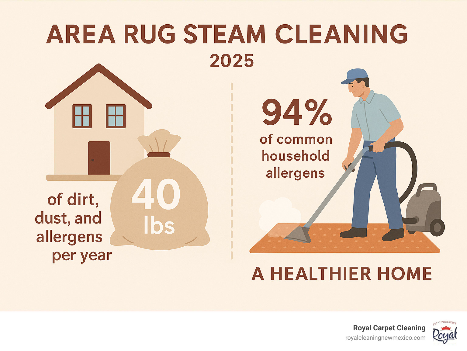 Infographic showing that the average home collects up to 40 lbs of dirt, dust, and allergens per year, with professional steam cleaning proven to remove an average of 94% of common household allergens for a healthier home. - area rug steam cleaning infographic 