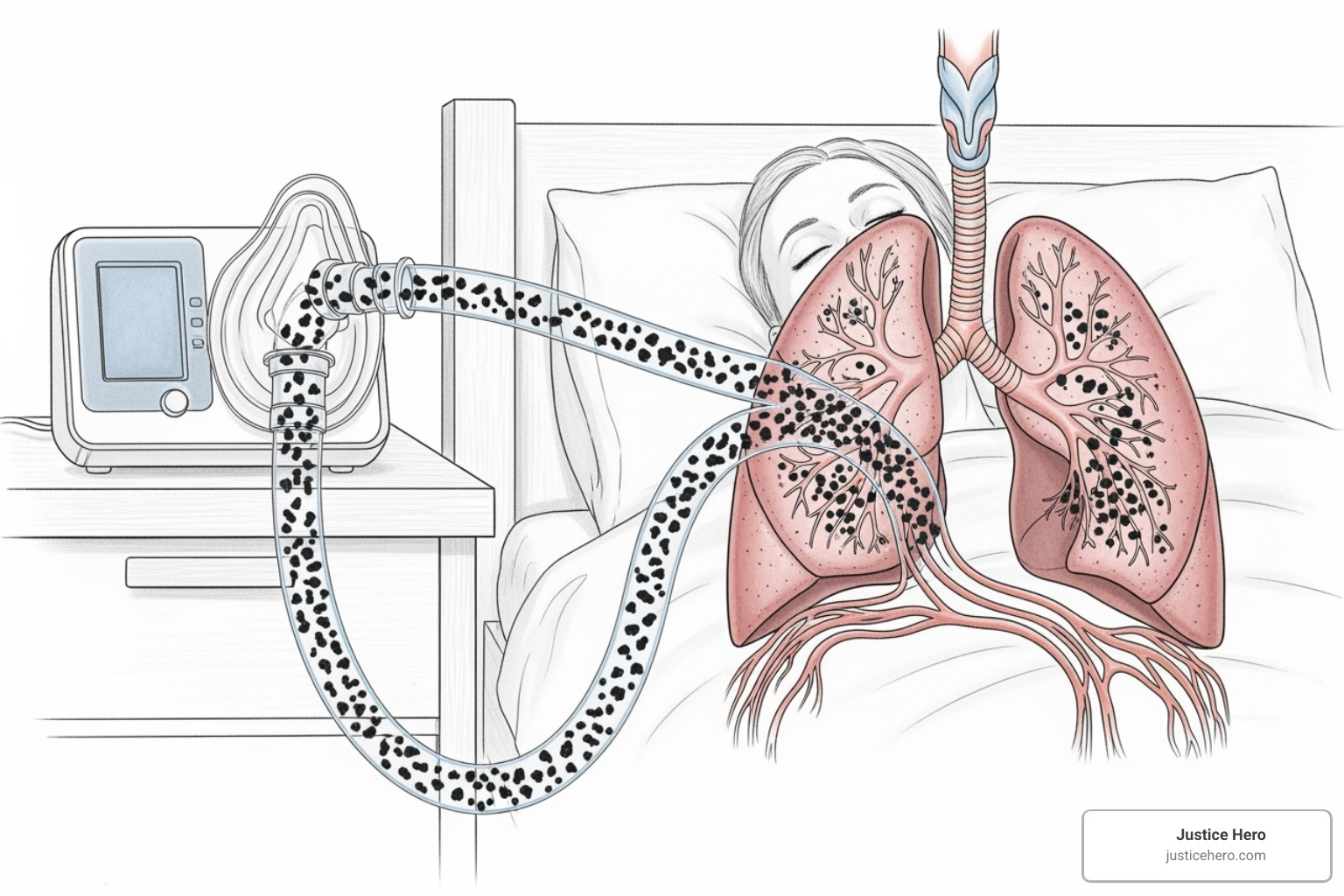 illustration of the pathway of degraded foam particles from the CPAP machine to the user's lungs - when will the cpap lawsuit be settled illustration of the pathway of degraded foam particles from the CPAP machine to the user's lungs - when will the cpap lawsuit be settled
