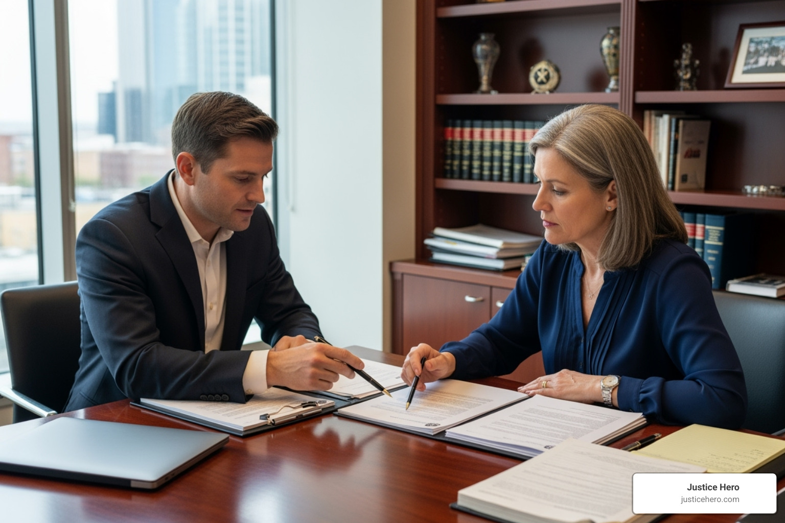 A lawyer and client reviewing documents in an office - traffic accident lawsuit