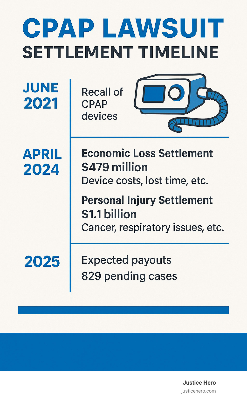 Detailed infographic showing CPAP lawsuit settlement timeline from June 2021 recall through 2025 expected payouts, including key deadlines, settlement amounts, and claim types for both economic loss and personal injury cases - when will the cpap lawsuit be settled infographic Detailed infographic showing CPAP lawsuit settlement timeline from June 2021 recall through 2025 expected payouts, including key deadlines, settlement amounts, and claim types for both economic loss and personal injury cases - when will the cpap lawsuit be settled infographic