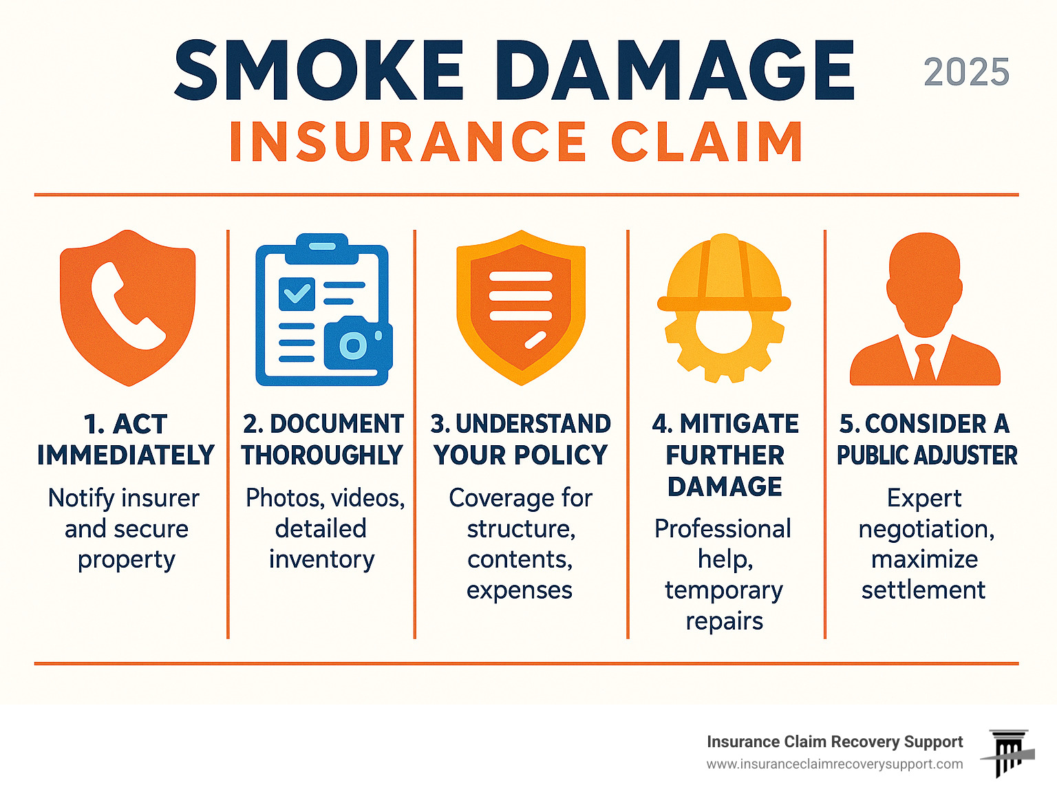 Infographic showing 5 key steps to filing a successful smoke damage insurance claim: 1. Act Immediately by notifying insurer and securing property, 2. Document Thoroughly with photos, videos, and detailed inventory, 3. Understand Your Policy's Coverage for structure, contents, and additional expenses, 4. Mitigate Further Damage with professional help and temporary repairs, and 5. Consider a Public Adjuster for expert negotiation and maximizing your settlement. - Smoke damage insurance claim infographic 