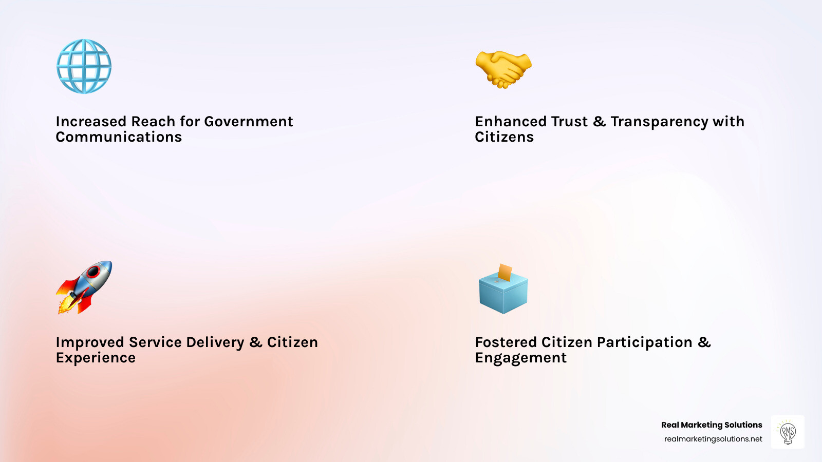 Infographic explaining the benefits of digital marketing for government agencies, such as increased reach, improved service delivery, and improved citizen participation. - digital marketing for government infographic 4_facts_emoji_light-gradient