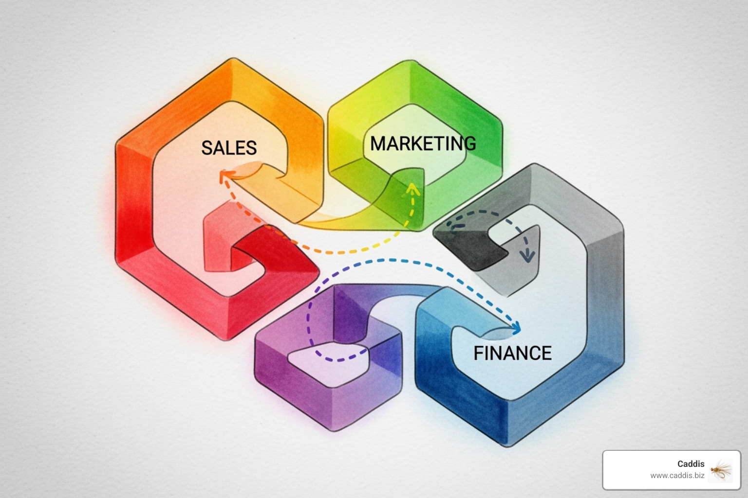 of a flowchart connecting different business departments like Sales, Marketing, and Finance - key performance indicator examples