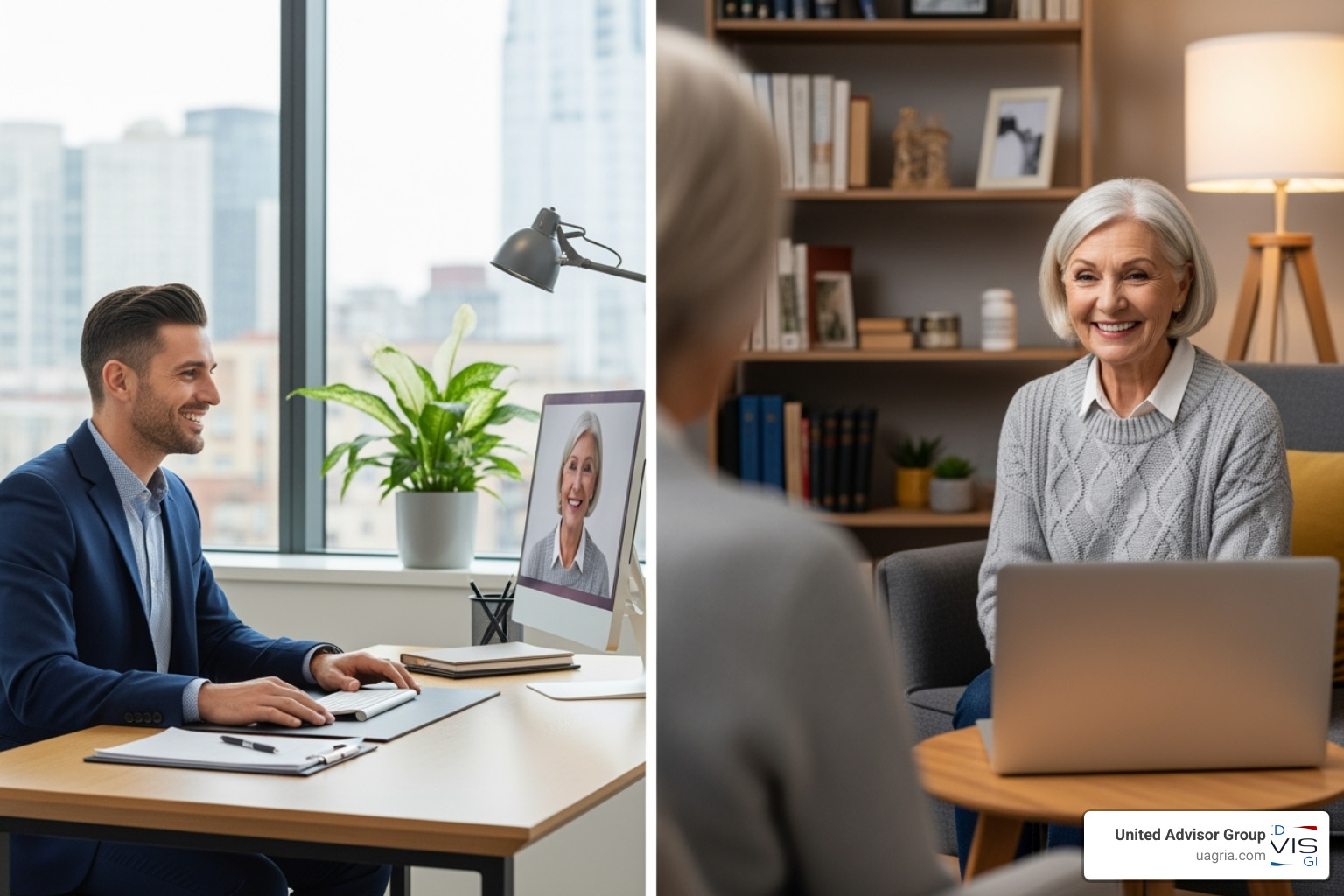 Image of an advisor having a virtual meeting with a satisfied, long-term client - Expand client base