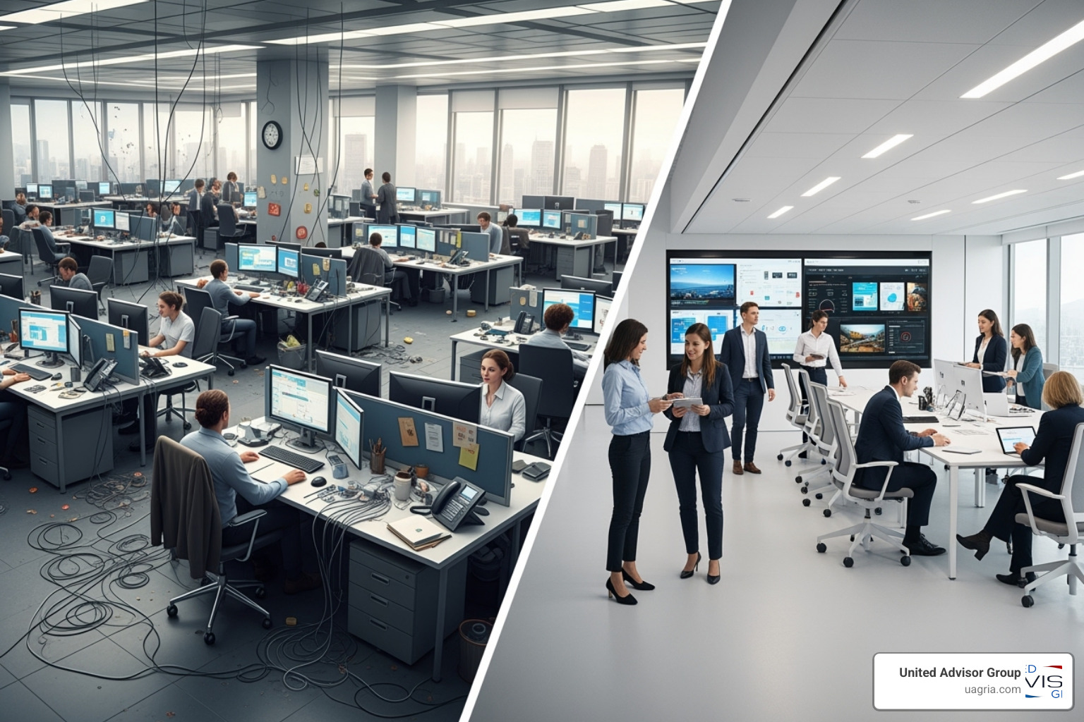 a table comparing a traditional fragmented model vs. an integrated platform like United Advisor Group on key aspects like Payout, Technology, Compliance, and Autonomy - Integrated financial solutions