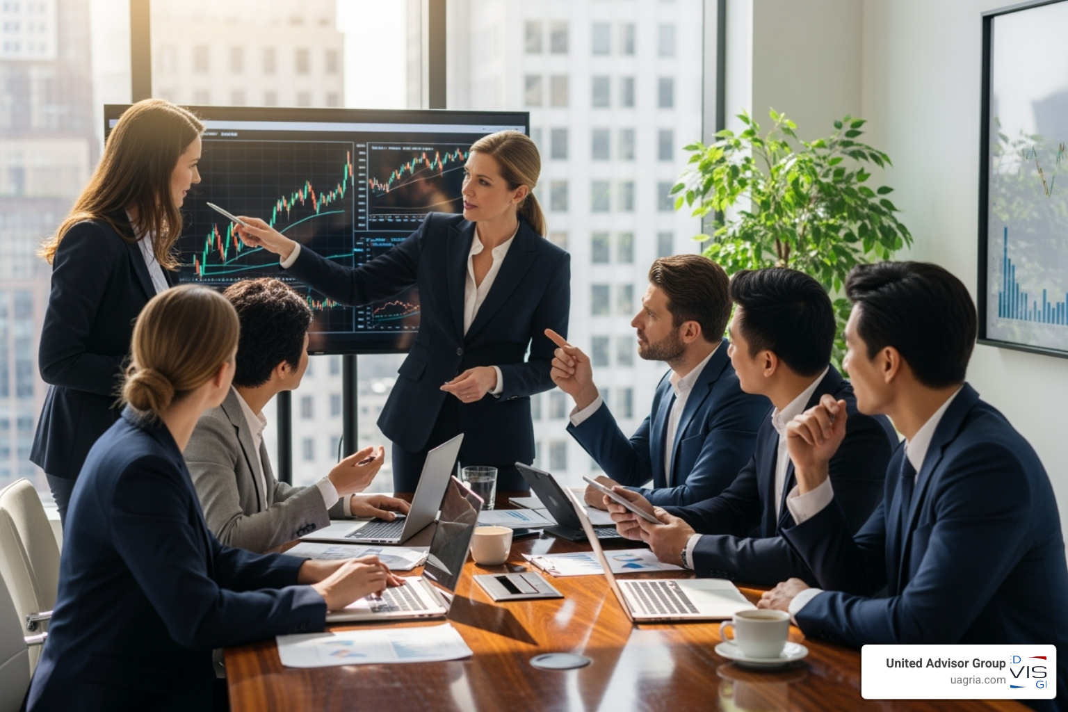 a diverse group of successful financial advisors collaborating - Integrated financial solutions