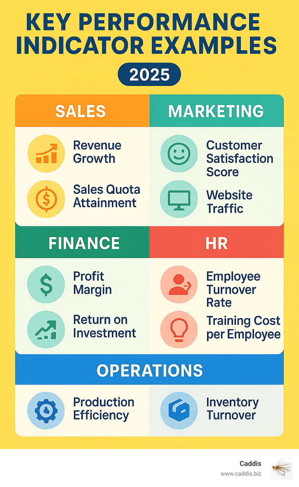 Infographic showing common key performance indicator examples for different business functions like Sales, Marketing, Finance, HR, and Operations - key performance indicator examples infographic 