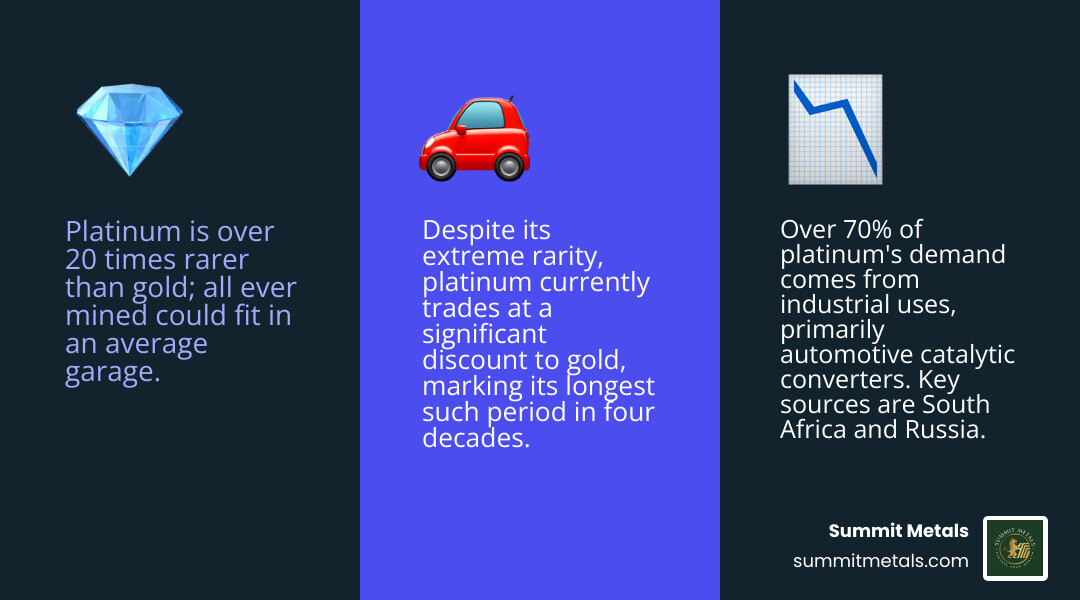 Infographic showing platinum's rarity compared to gold and silver, with primary mining sources from South Africa and Russia, industrial demand breakdown showing automotive at 70%, and current price comparison demonstrating platinum trading below gold prices - cheapest platinum bullion infographic 3_facts_emoji_blue
