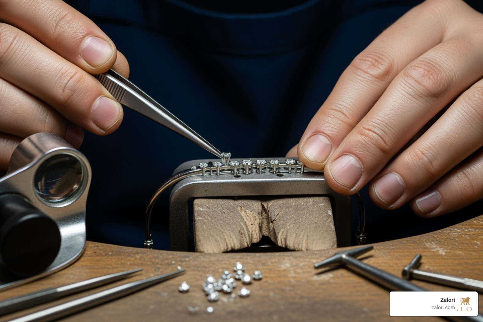 A Zalori jeweler carefully setting diamonds into a bracelet - Luxury diamond bracelets