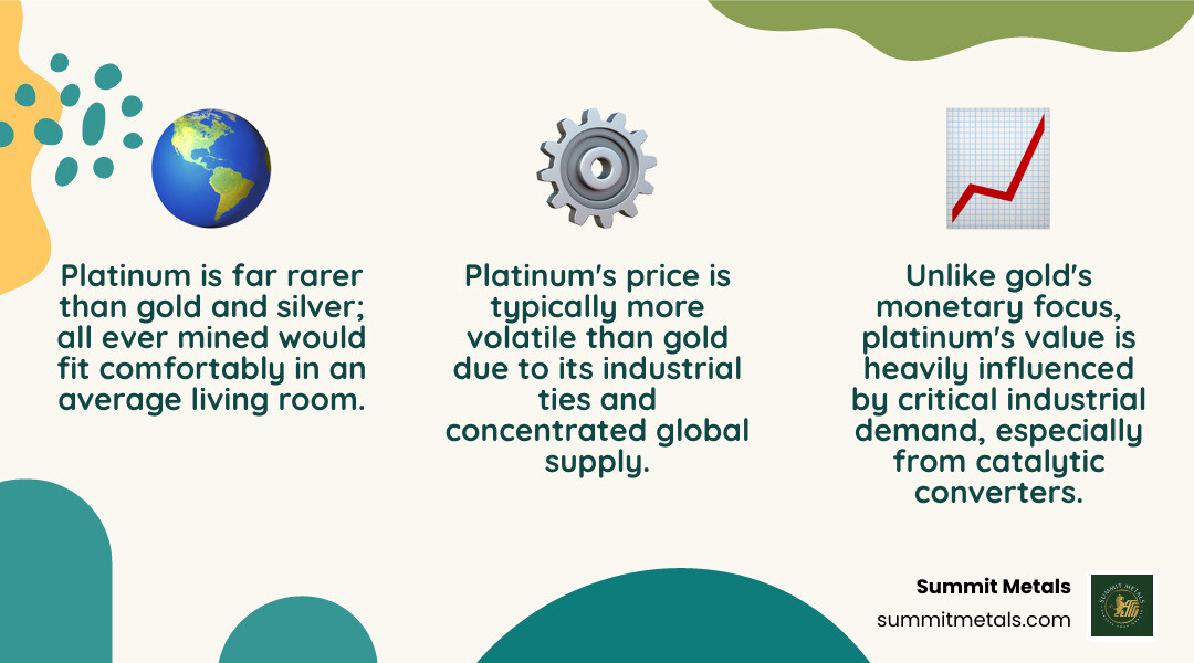 Comprehensive comparison chart showing platinum vs gold vs silver across key metrics including rarity, industrial demand, price volatility, liquidity, and storage requirements - trade platinum bullion infographic 3_facts_emoji_nature