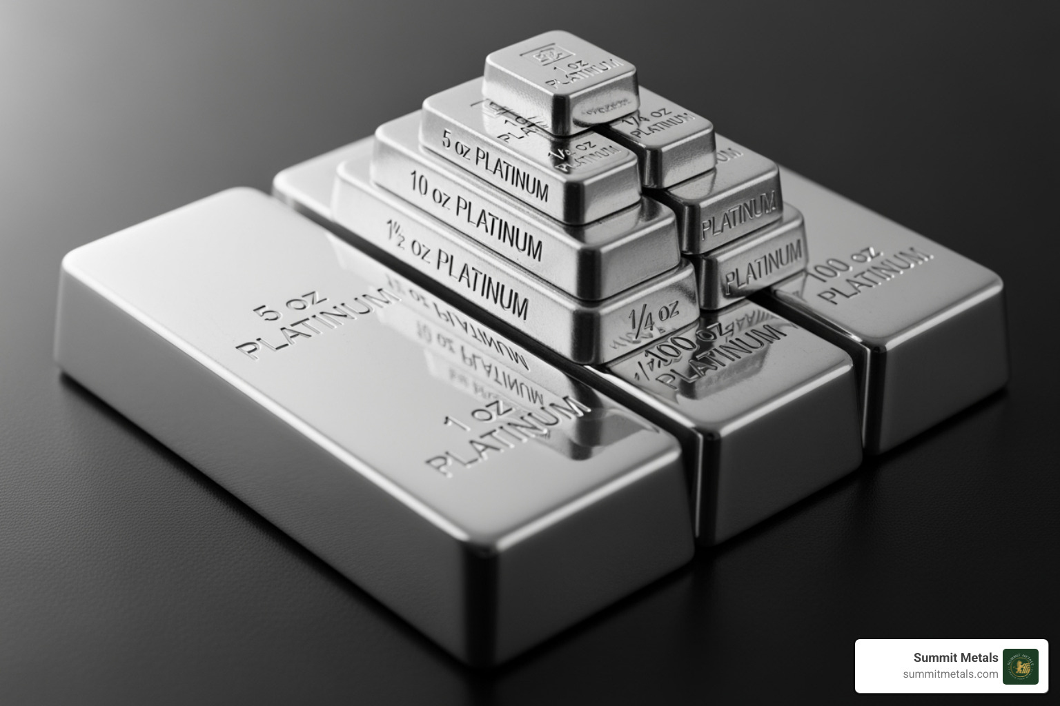 Various sizes of platinum bars stacked neatly, illustrating the range of options available - cheapest platinum bullion