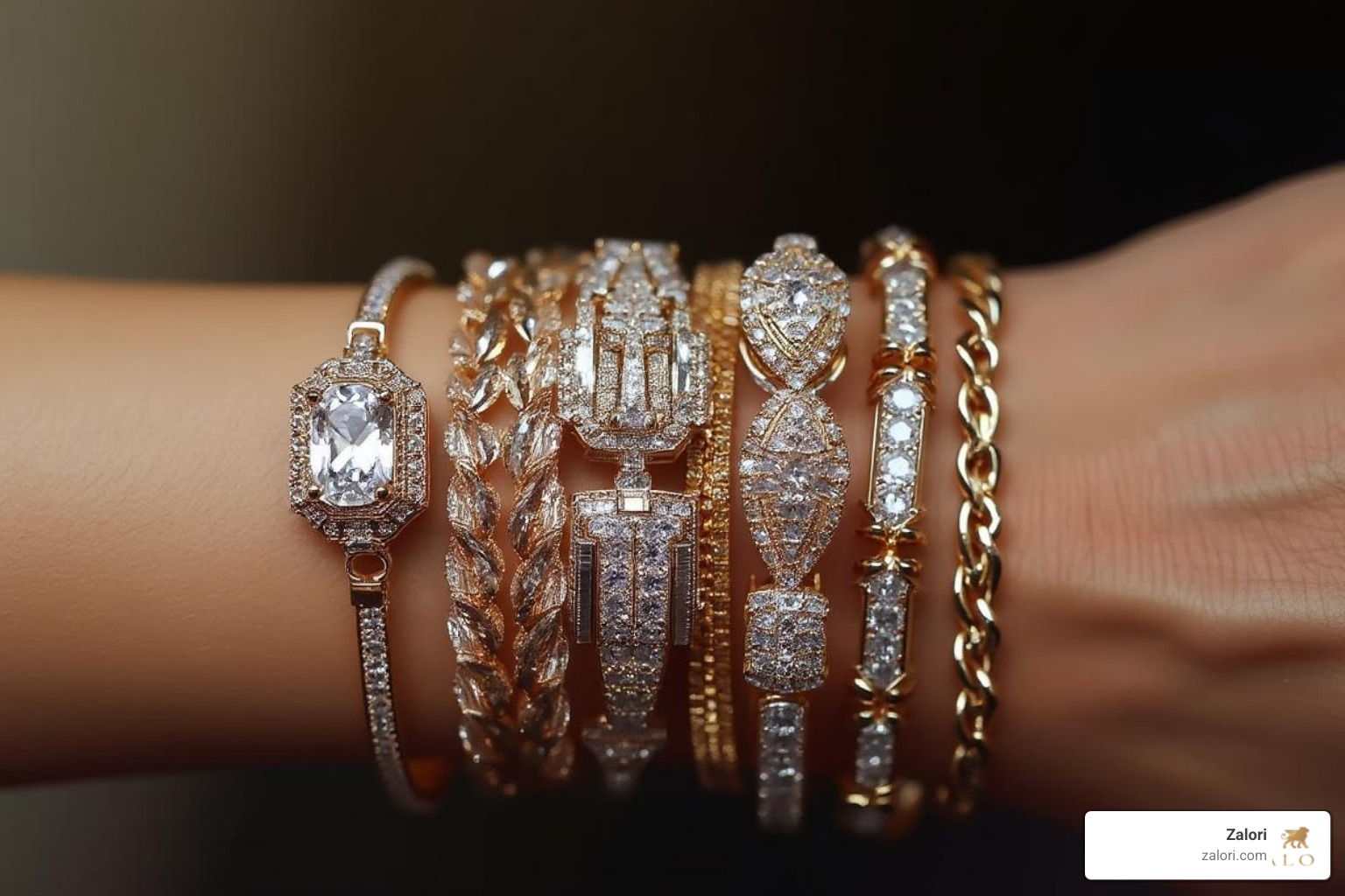 A stack of different styles of diamond bracelets on a wrist - Luxury diamond bracelets