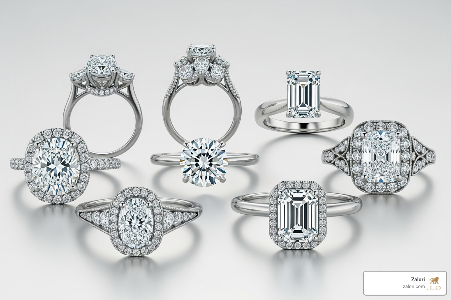 Collection of rings showcasing different popular styles including solitaire, halo, vintage, and modern minimalist designs - Diamond rings Los Angeles Collection of rings showcasing different popular styles including solitaire, halo, vintage, and modern minimalist designs - Diamond rings Los Angeles