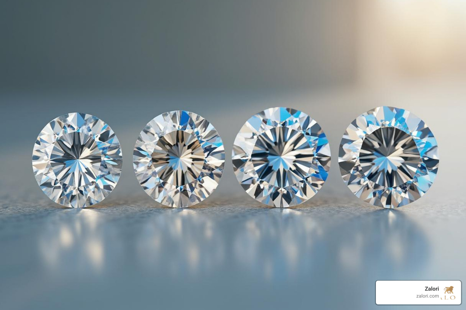 Four diamonds illustrating the differences in cut quality, color grade, clarity scale, and carat weight - Diamond rings Los Angeles Four diamonds illustrating the differences in cut quality, color grade, clarity scale, and carat weight - Diamond rings Los Angeles