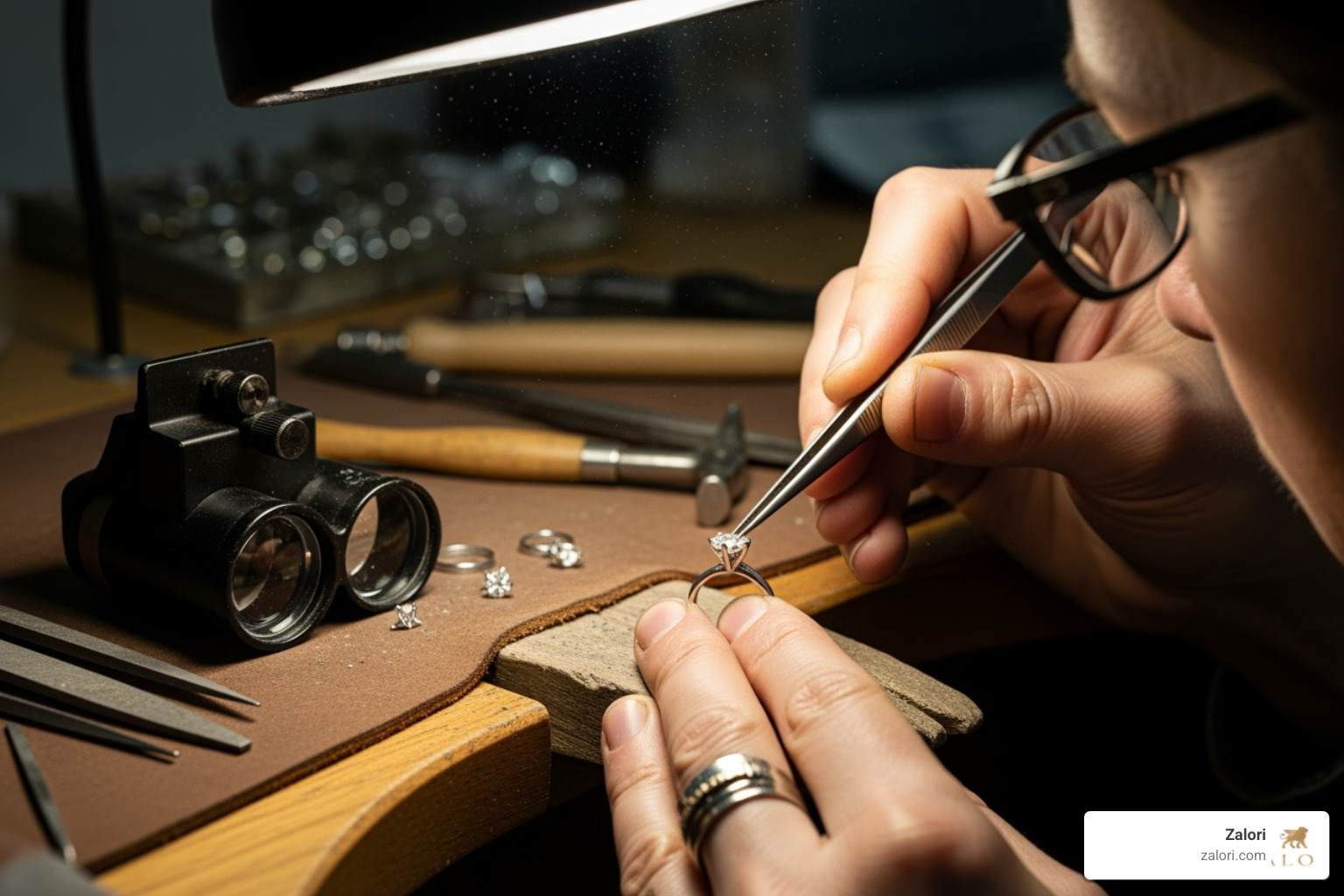 of a jeweler's hands carefully working on a ring setting - Handcrafted diamond rings of a jeweler's hands carefully working on a ring setting - Handcrafted diamond rings