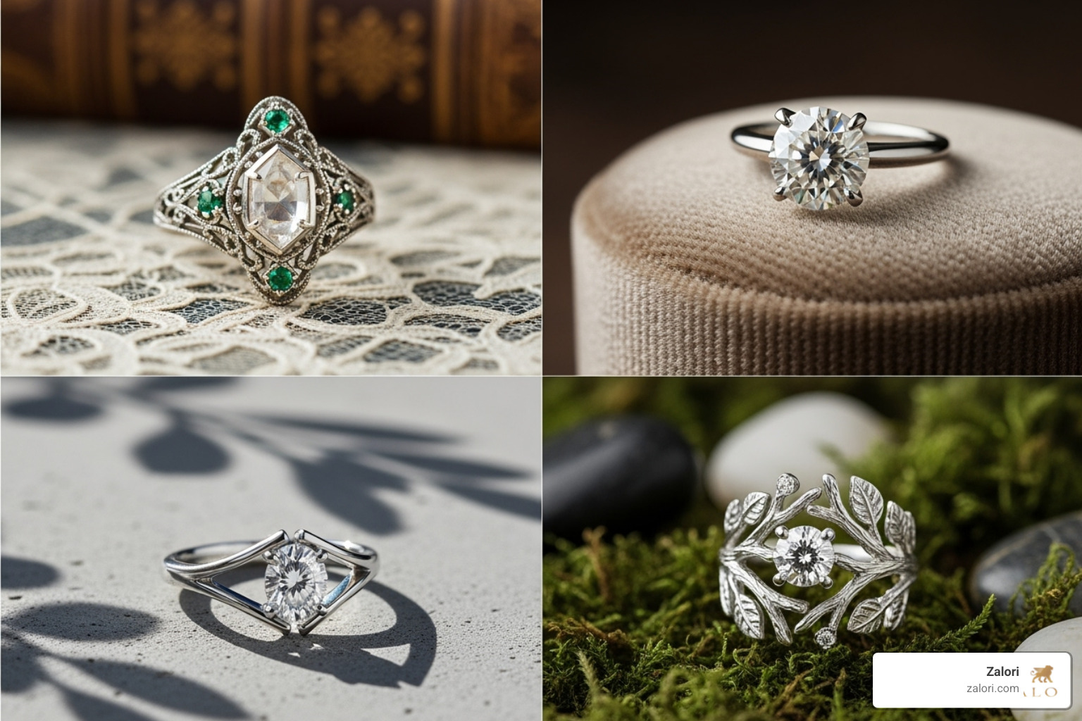 of a collage showcasing vintage, classic, modern, and nature-inspired ring styles - Handcrafted diamond rings of a collage showcasing vintage, classic, modern, and nature-inspired ring styles - Handcrafted diamond rings