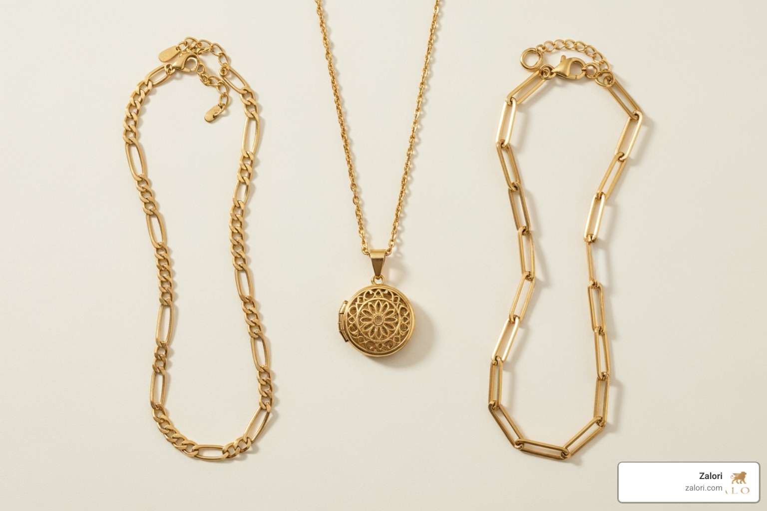 Image of a flat lay showcasing various necklace styles like a Figaro chain, a pendant necklace, and a paperclip chain - Fine gold necklaces Image of a flat lay showcasing various necklace styles like a Figaro chain, a pendant necklace, and a paperclip chain - Fine gold necklaces