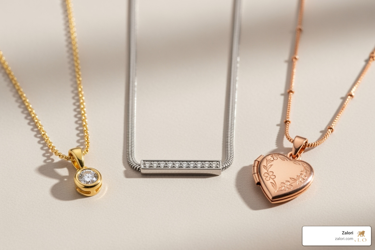 Image of three gold necklaces in yellow, white, and rose gold side-by-side - Fine gold necklaces Image of three gold necklaces in yellow, white, and rose gold side-by-side - Fine gold necklaces