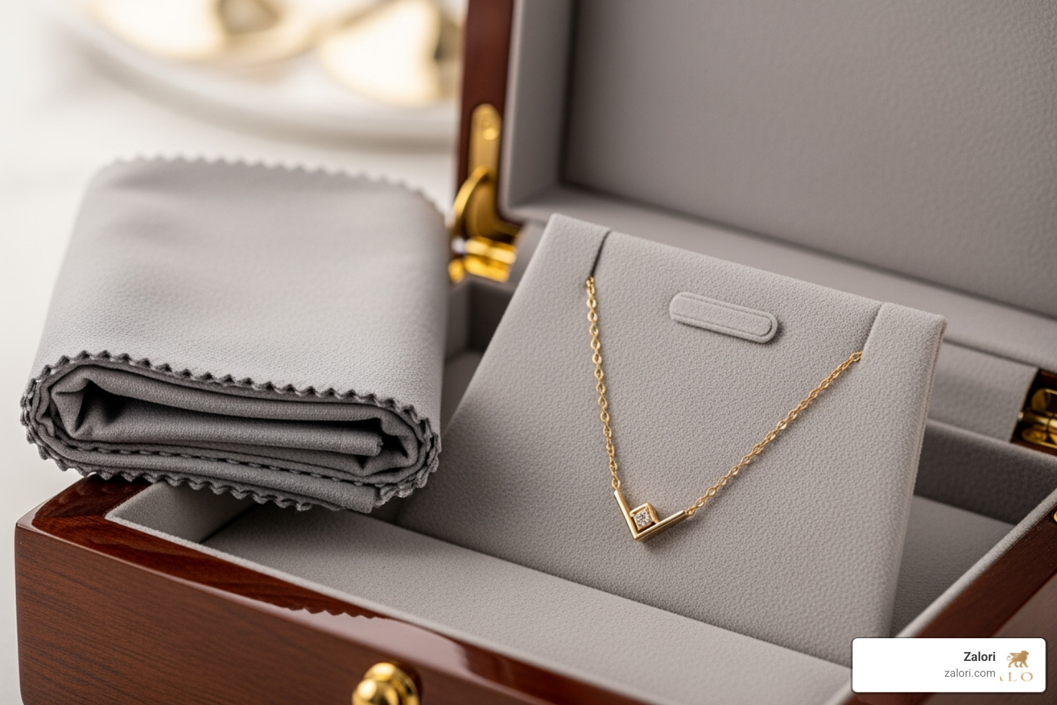 Image of a jewelry polishing cloth next to a beautiful gold necklace in a storage box - Fine gold necklaces Image of a jewelry polishing cloth next to a beautiful gold necklace in a storage box - Fine gold necklaces