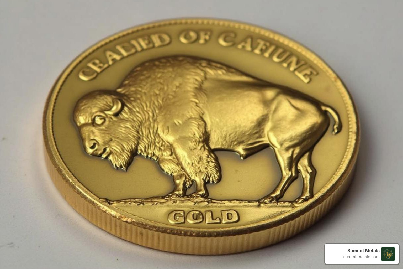 Obverse and reverse of a Gold Buffalo coin with callouts to key design elements - how to tell if a gold buffalo coin is real