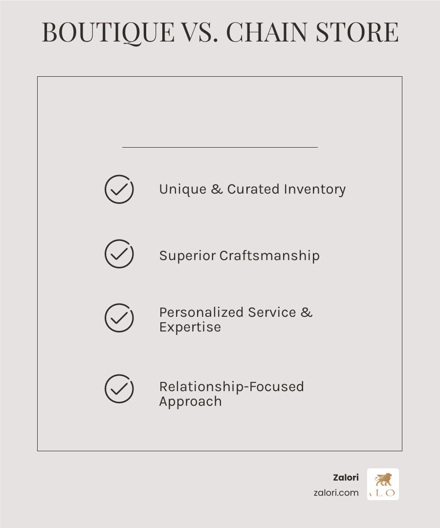 Comparison table showing key differences between a fine jewelry boutique and a mass retailer - Fine jewelry boutique infographic checklist-light-beige Comparison table showing key differences between a fine jewelry boutique and a mass retailer - Fine jewelry boutique infographic checklist-light-beige
