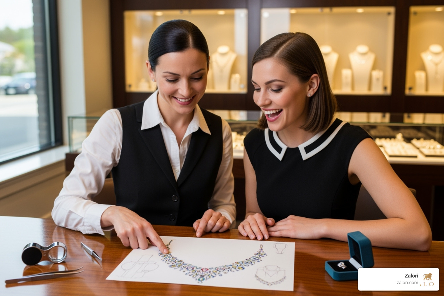Jeweler and client happily looking at a custom design sketch - Fine jewelry boutique Jeweler and client happily looking at a custom design sketch - Fine jewelry boutique