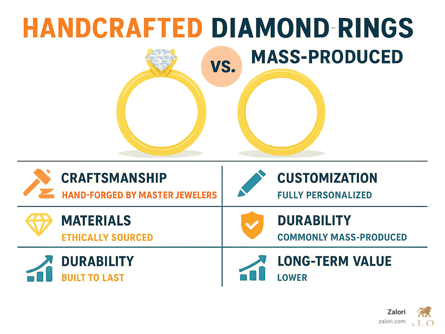 Infographic showing comparison between handcrafted and mass-produced diamond rings, highlighting differences in craftsmanship quality, customization options, material sourcing, durability, and long-term value - Handcrafted diamond rings infographic Infographic showing comparison between handcrafted and mass-produced diamond rings, highlighting differences in craftsmanship quality, customization options, material sourcing, durability, and long-term value - Handcrafted diamond rings infographic