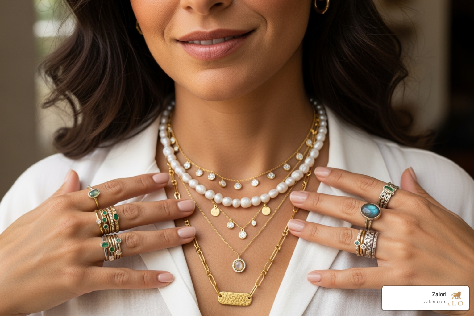 Model wearing layered necklaces and stacked rings, showcasing current trends - Fine jewelry boutique Model wearing layered necklaces and stacked rings, showcasing current trends - Fine jewelry boutique