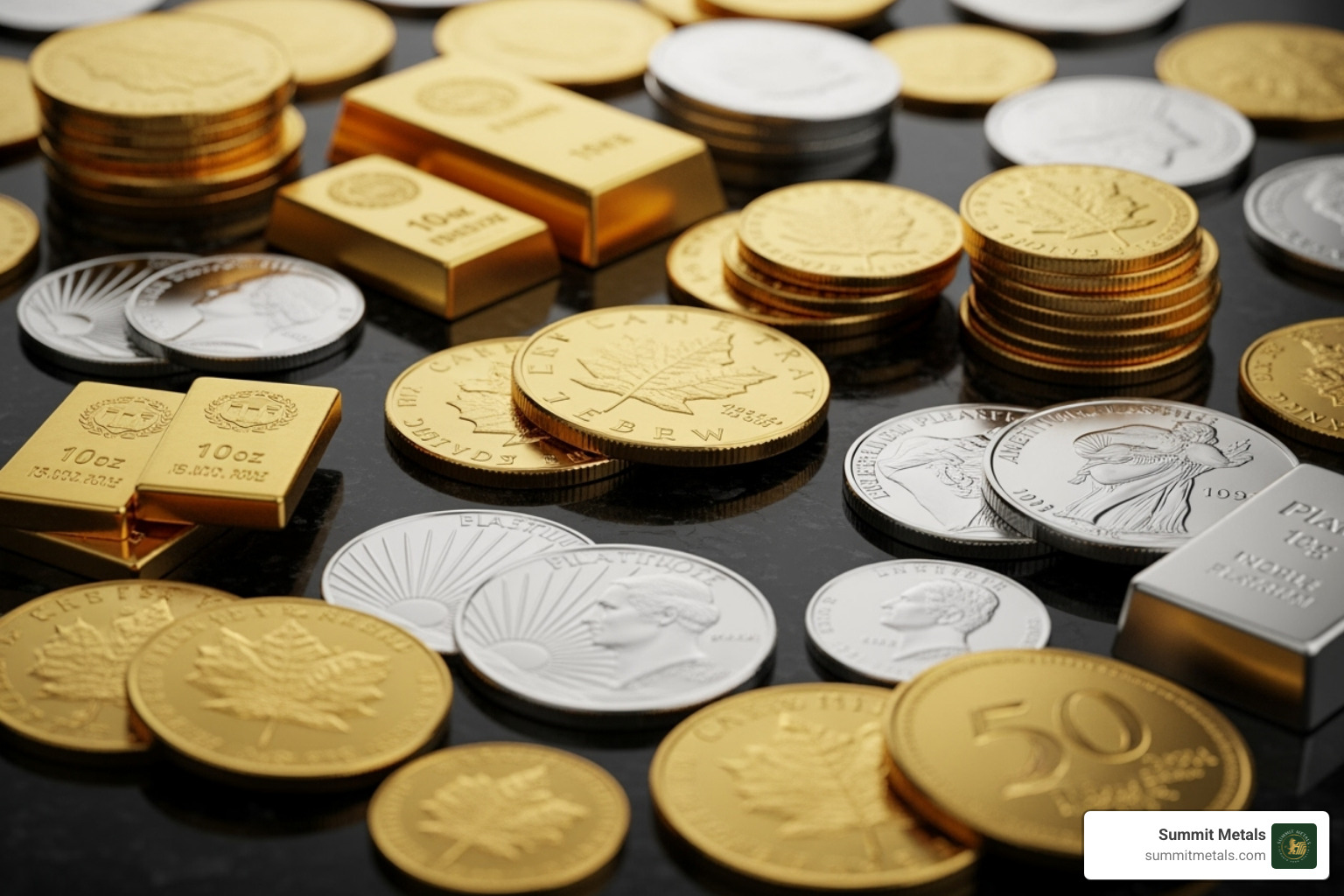 various gold and platinum coins and bars - platinum vs gold bullion