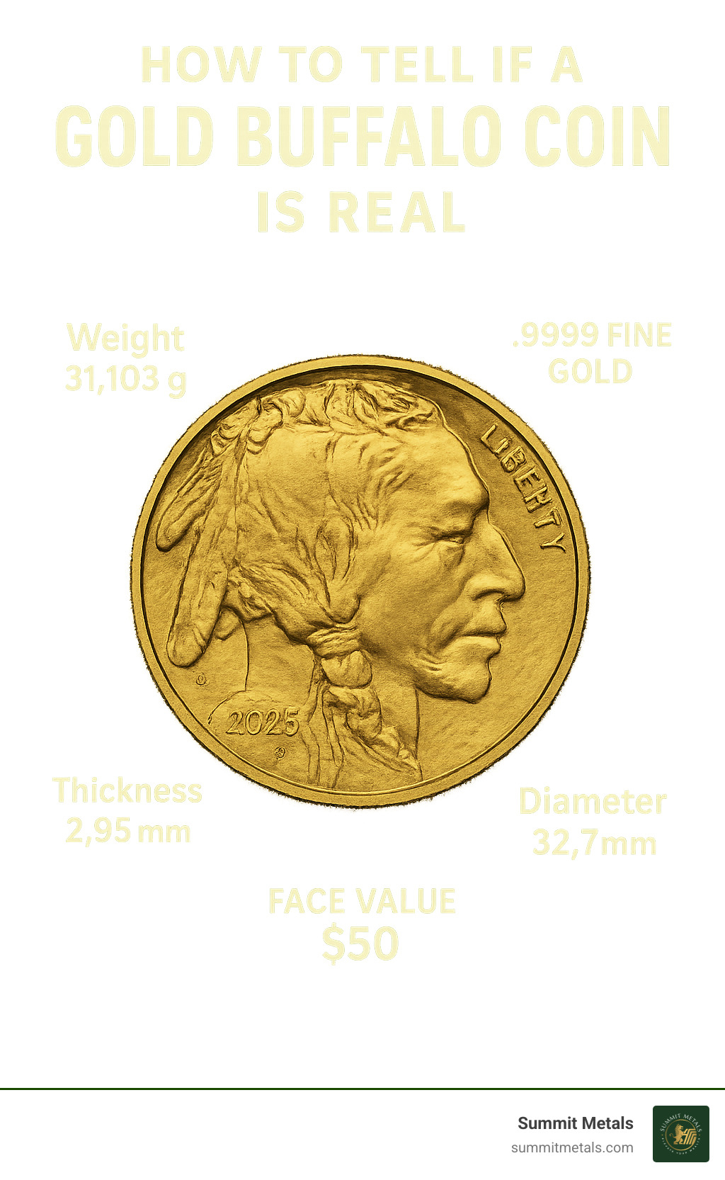 Infographic showing Gold Buffalo coin specifications: Weight 31.103g, Purity .9999 fine gold, Diameter 32.7mm, Thickness 2.95mm, Face Value $50, with visual callouts to key design elements - how to tell if a gold buffalo coin is real infographic 