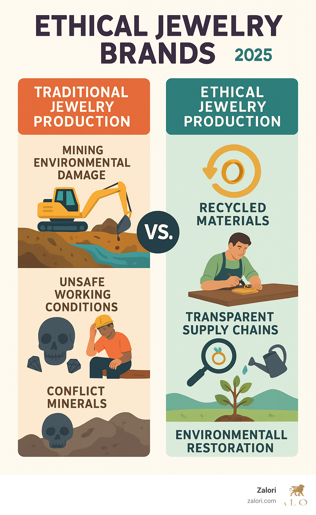 Infographic comparing traditional jewelry production showing mining environmental damage, unsafe working conditions, and conflict minerals versus ethical jewelry production featuring recycled materials, fair labor practices, transparent supply chains, and environmental restoration - Ethical jewelry brands infographic 