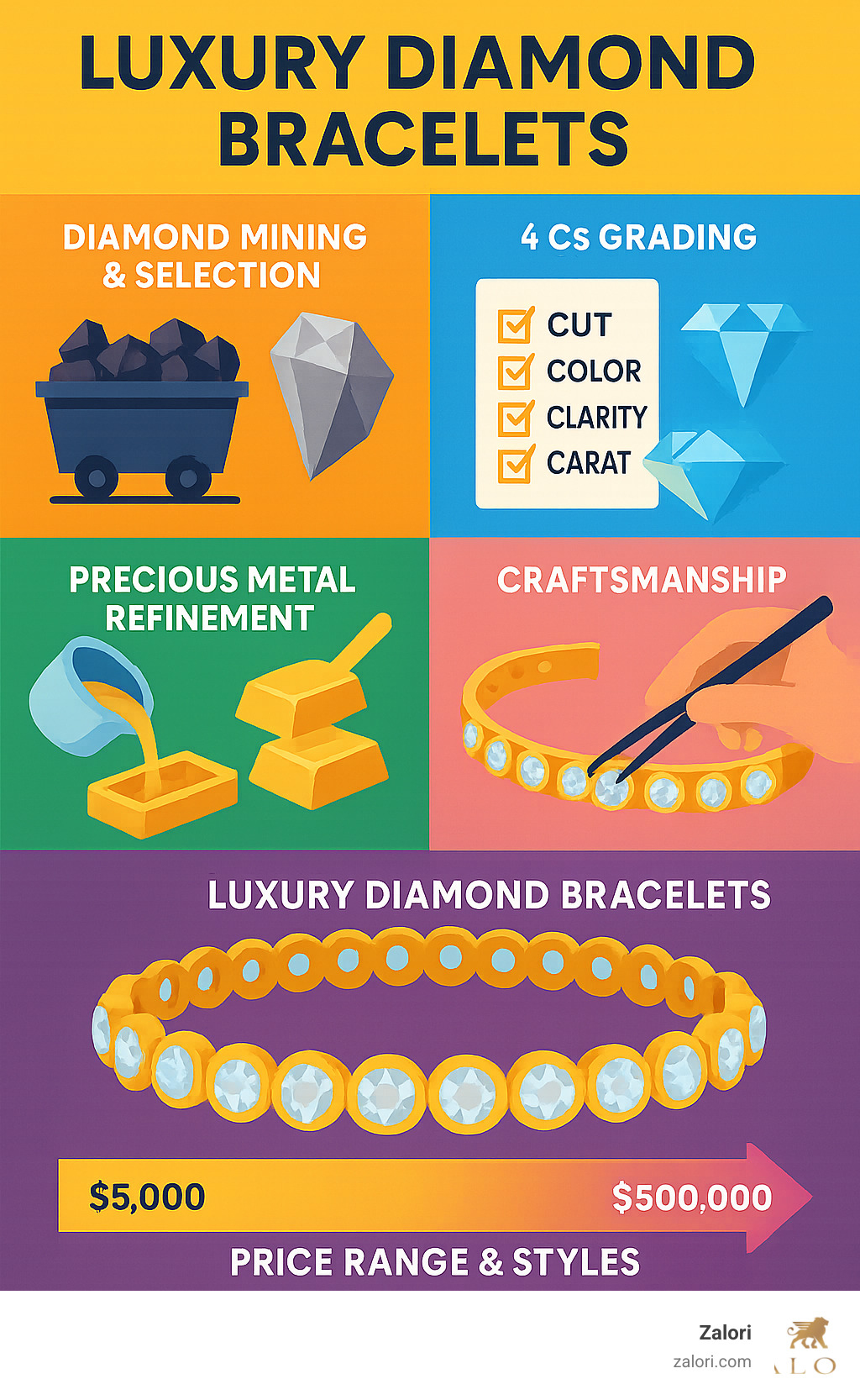 Detailed infographic showing the journey from diamond mining and selection through the 4 Cs grading process, precious metal refinement, expert craftsmanship techniques, and final luxury diamond bracelet creation with price ranges and style categories - Luxury diamond bracelets infographic 