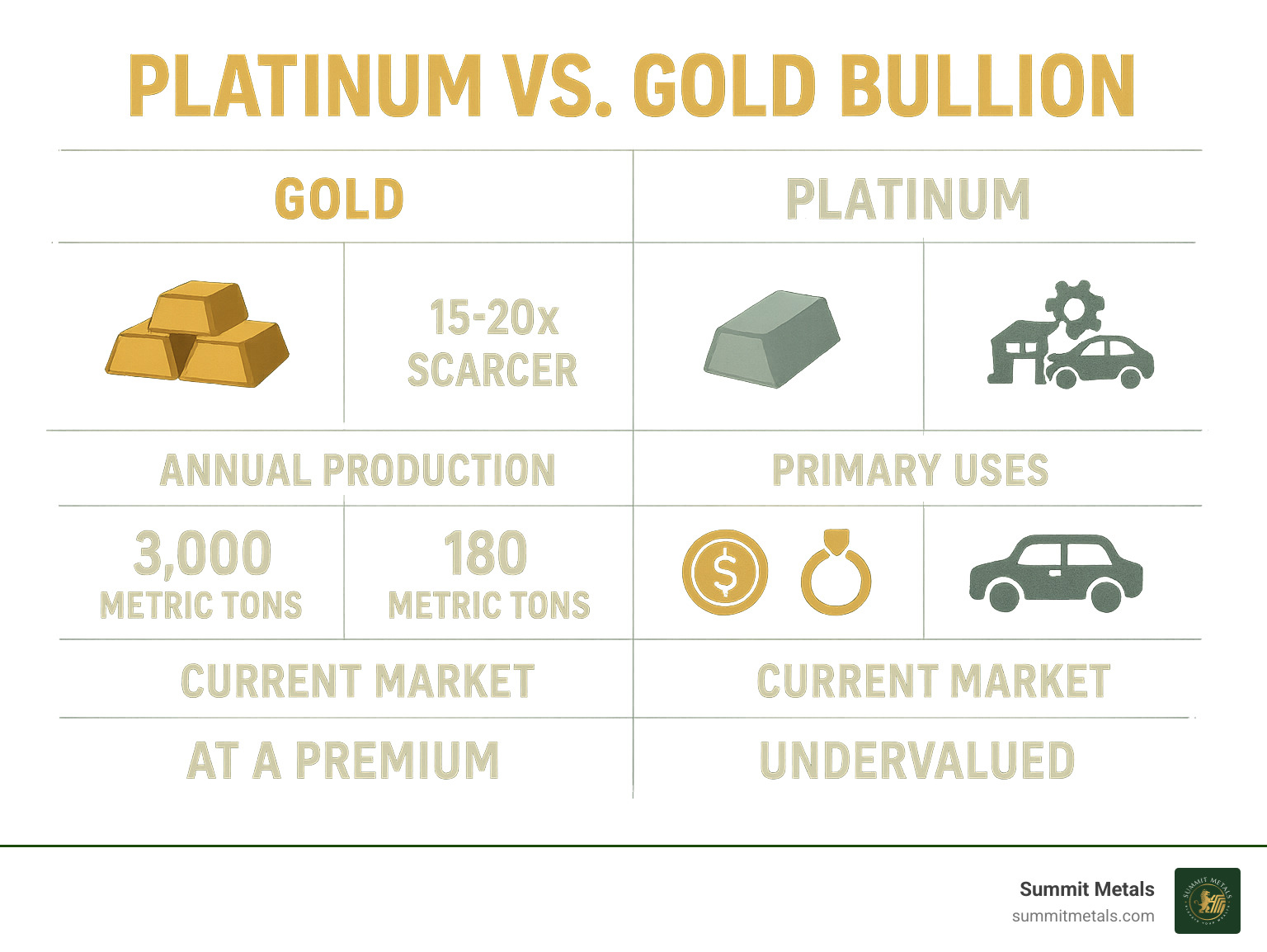Infographic comparing gold and platinum bullion showing rarity (platinum 15-20x scarcer), annual production (gold 3,000 metric tons vs platinum 180 metric tons), primary uses (gold: monetary/jewelry vs platinum: industrial/automotive), and current market positioning - platinum vs gold bullion infographic 