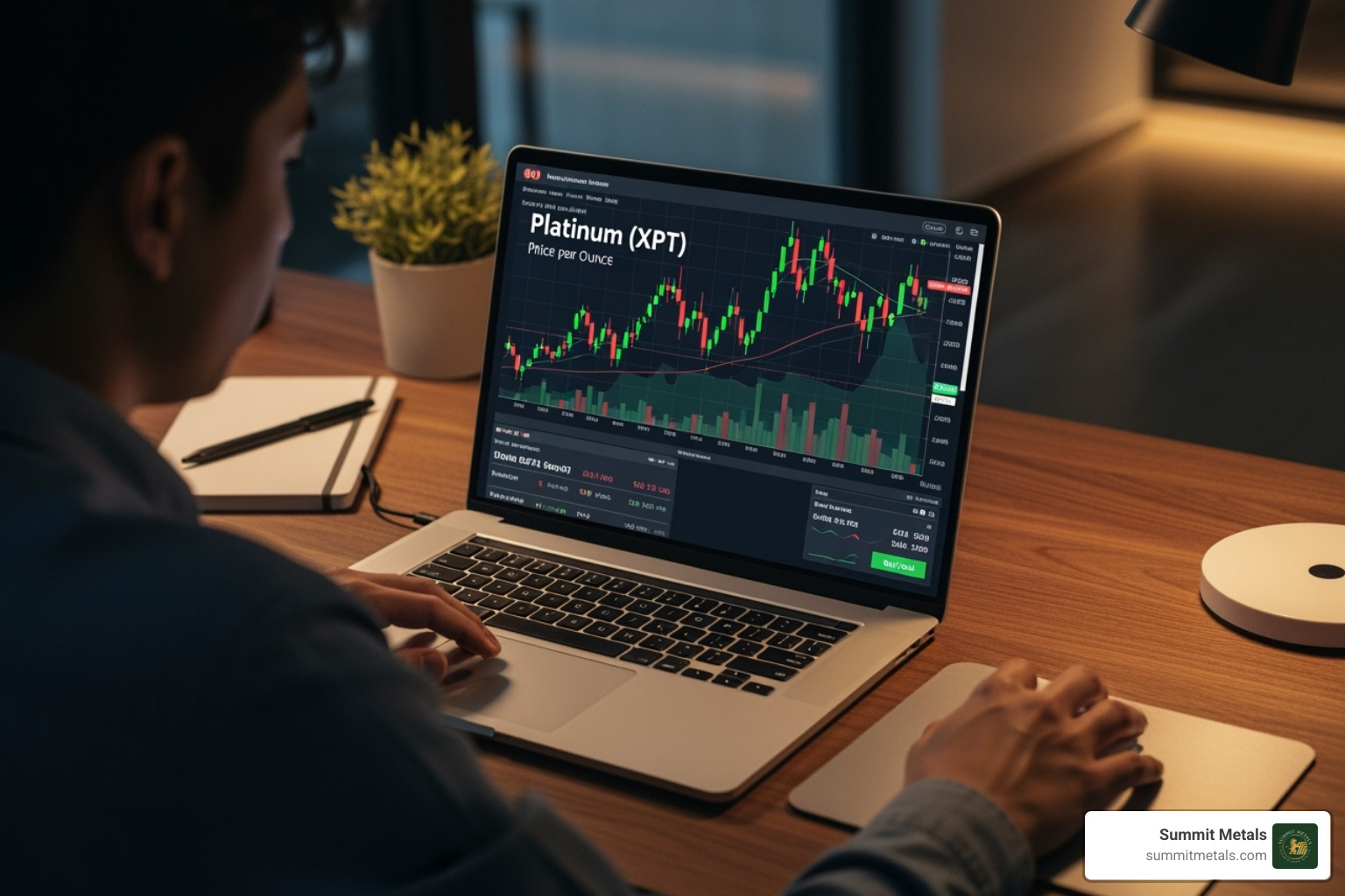 Image of a person using a laptop to view platinum prices and make a purchase - do platinum coin and bullion follow the spot price
