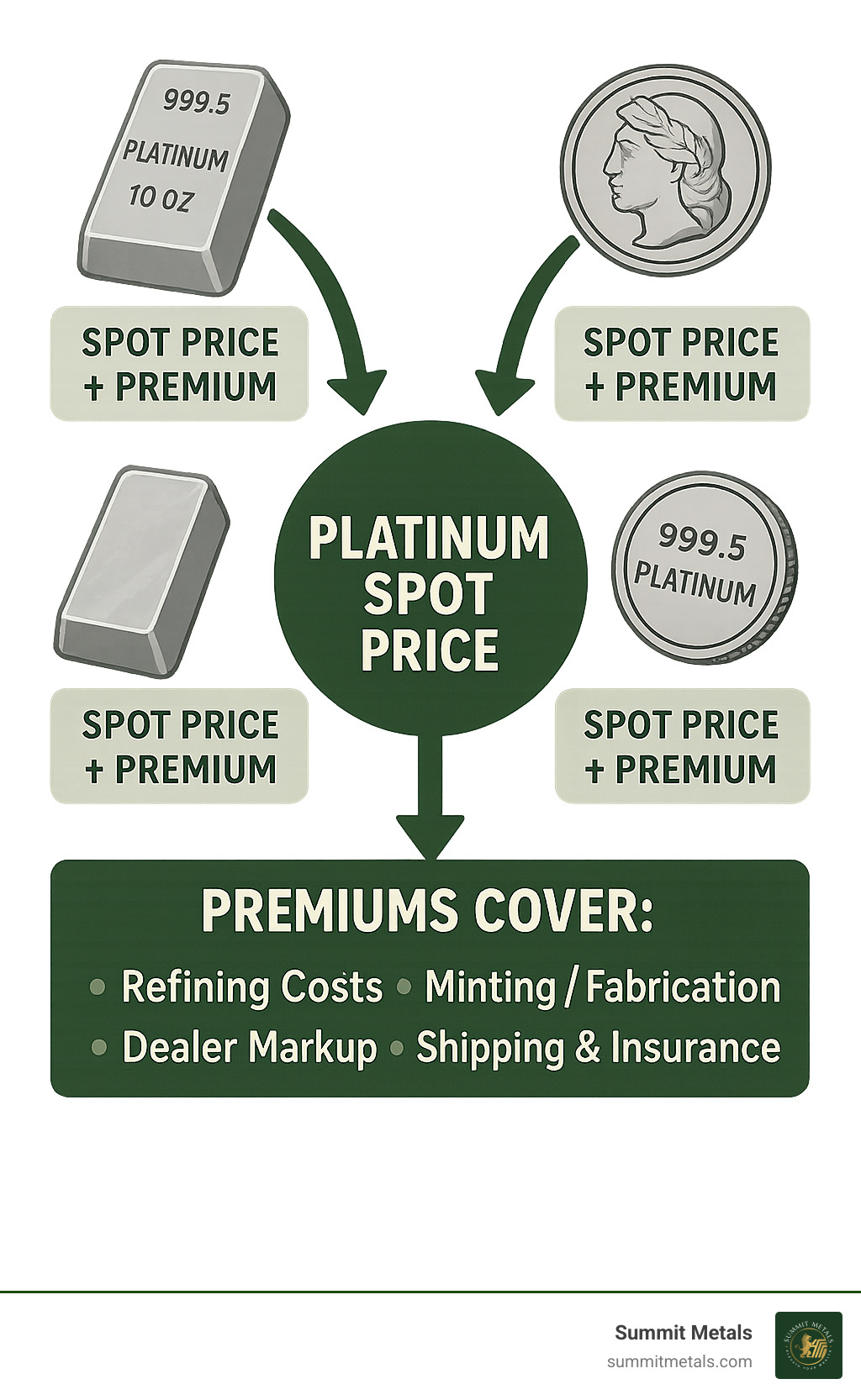 Infographic showing platinum spot price at the center with arrows pointing to different physical products (bars, coins, rounds) each showing spot price plus their respective premiums, with a breakdown of what premiums cover: refining costs, minting/fabrication, dealer markup, shipping and insurance - do platinum coin and bullion follow the spot price infographic 
