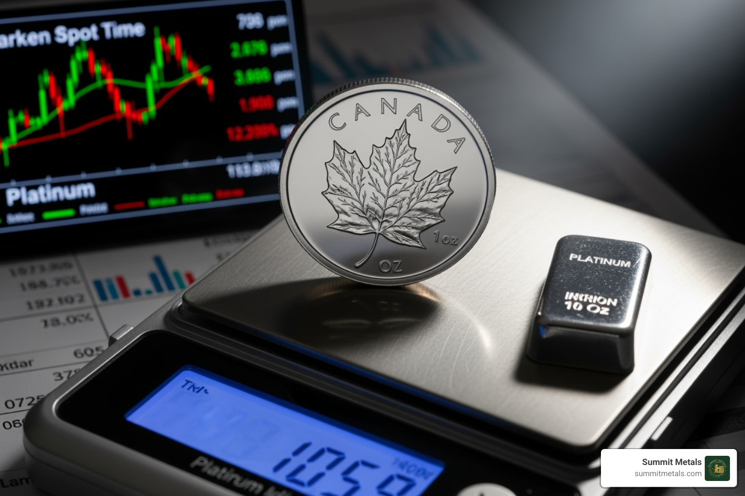 Image comparing a generic platinum bar to a government-issued platinum coin - do platinum coin and bullion follow the spot price