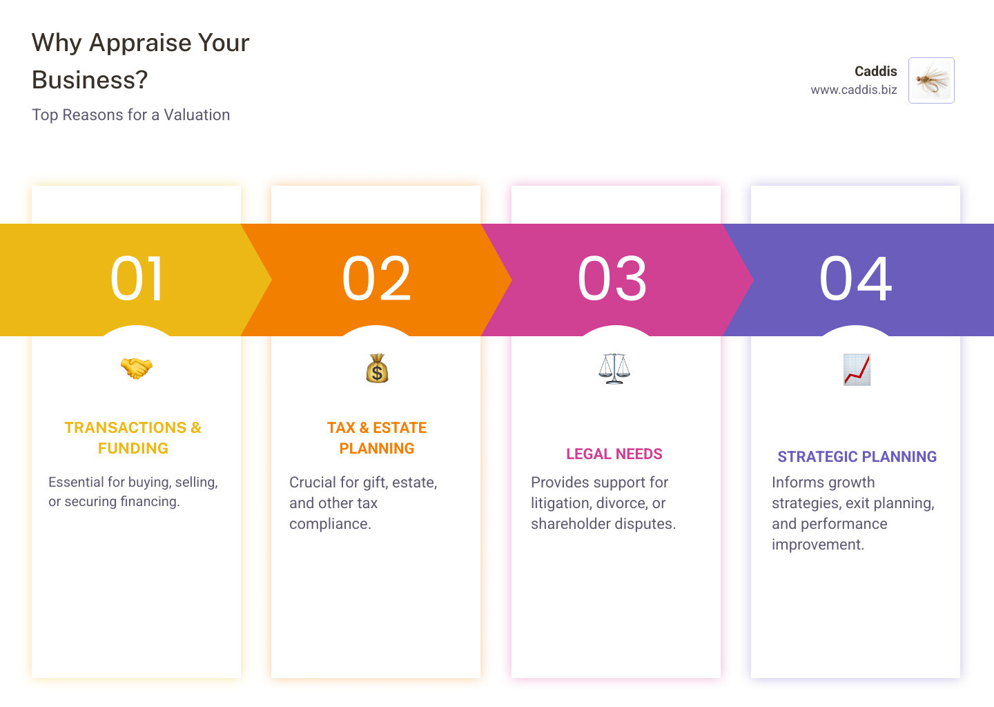Infographic detailing the top 5 reasons businesses need a valuation, including for sales, tax purposes, legal matters, strategic planning, and financing - business appraiser infographic pillar-4-steps