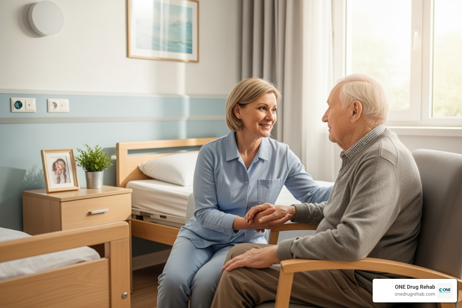 A family member visiting and supporting a senior in a rehab setting - inpatient rehab for seniors