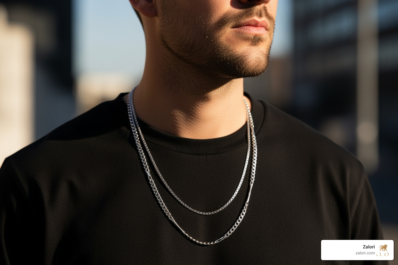man layering a thin silver chain with a thicker one over a black t-shirt - silver chain buying guide man layering a thin silver chain with a thicker one over a black t-shirt - silver chain buying guide