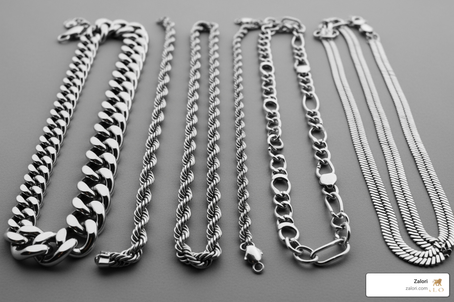 various silver chain styles laid out, including Curb, Rope, and Figaro - silver chain buying guide various silver chain styles laid out, including Curb, Rope, and Figaro - silver chain buying guide