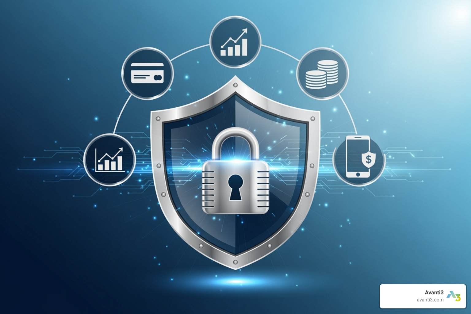 lock and shield icon over a digital transaction - fintech definition
