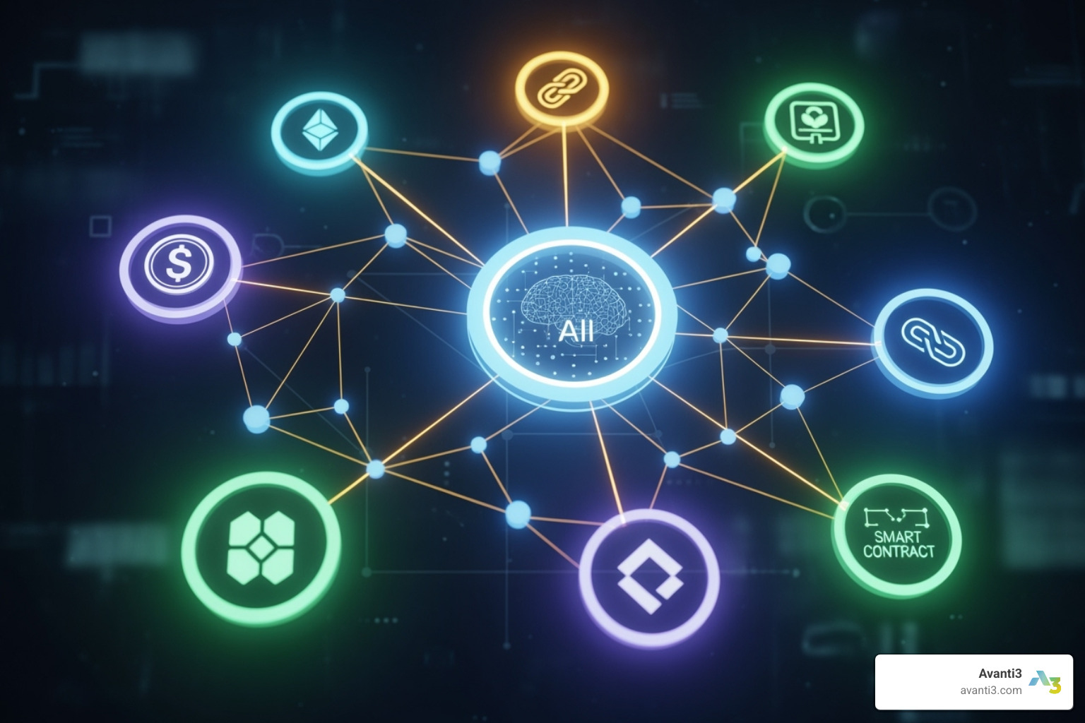 illustration showing the intersection of finance, AI, and Web3, with interconnected nodes and symbols representing digital assets, decentralized applications, and financial transactions - fintech definition