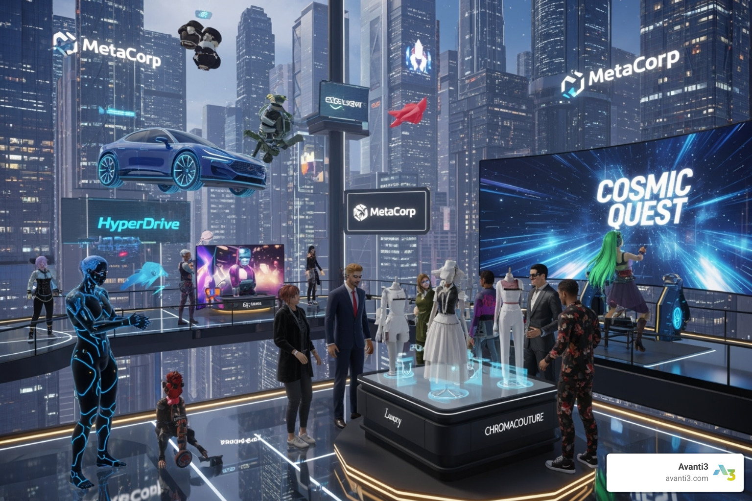 Avatars interacting with branded NFTs in a metaverse environment - NFT for brands