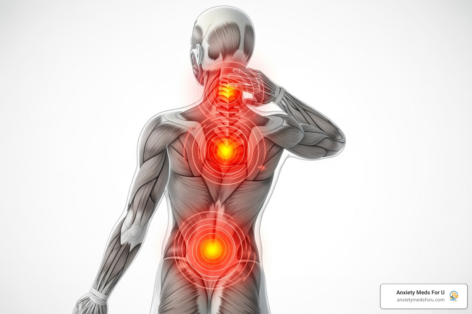 Illustration showing common areas of muscle pain like the back and neck - 022 pill