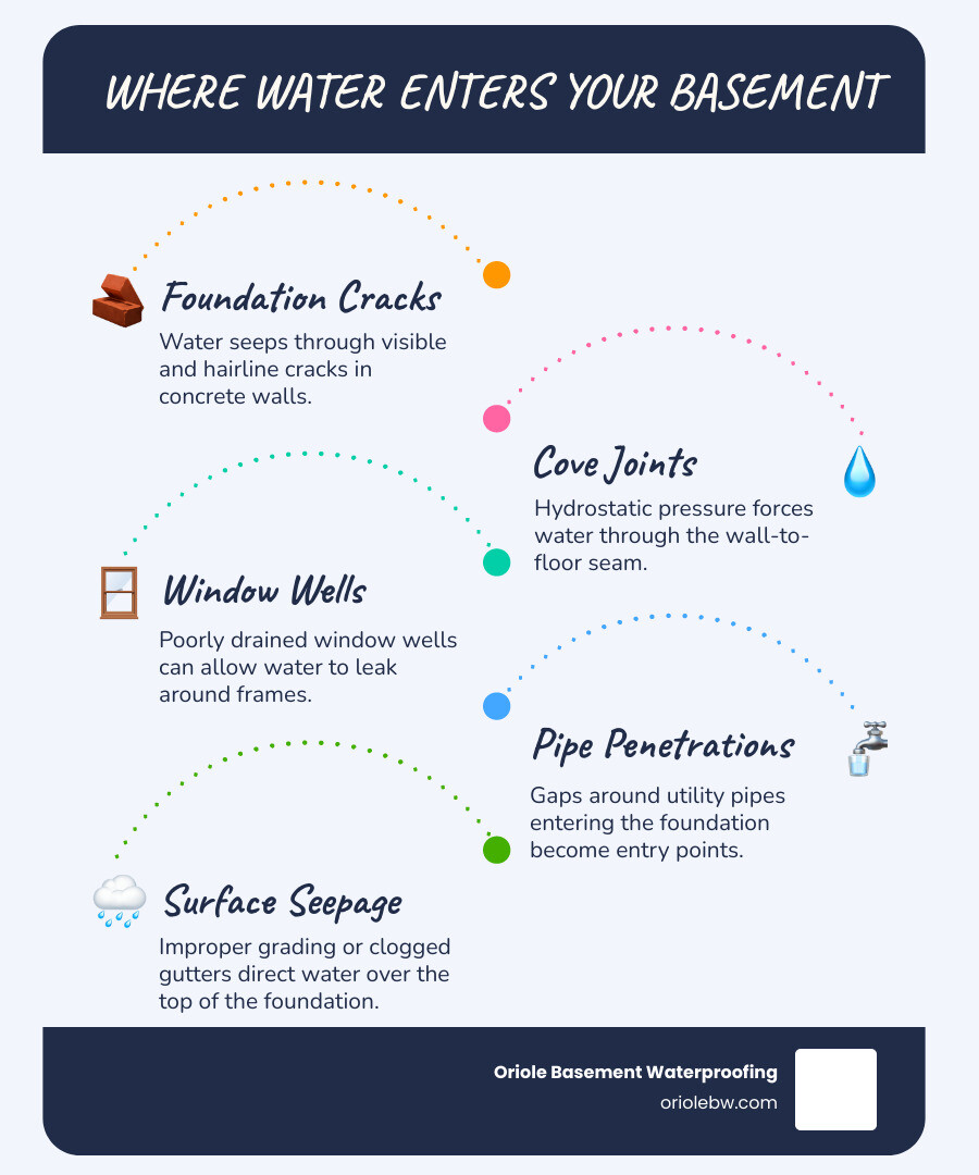 Infographic showing the most common entry points for basement water seepage including foundation wall cracks, cove joints where floor meets wall, window wells, pipe penetrations, and over-the-top seepage, with arrows indicating water flow paths and labels for each problem area - basement water seepage solutions infographic infographic-line-5-steps-blues-accent_colors