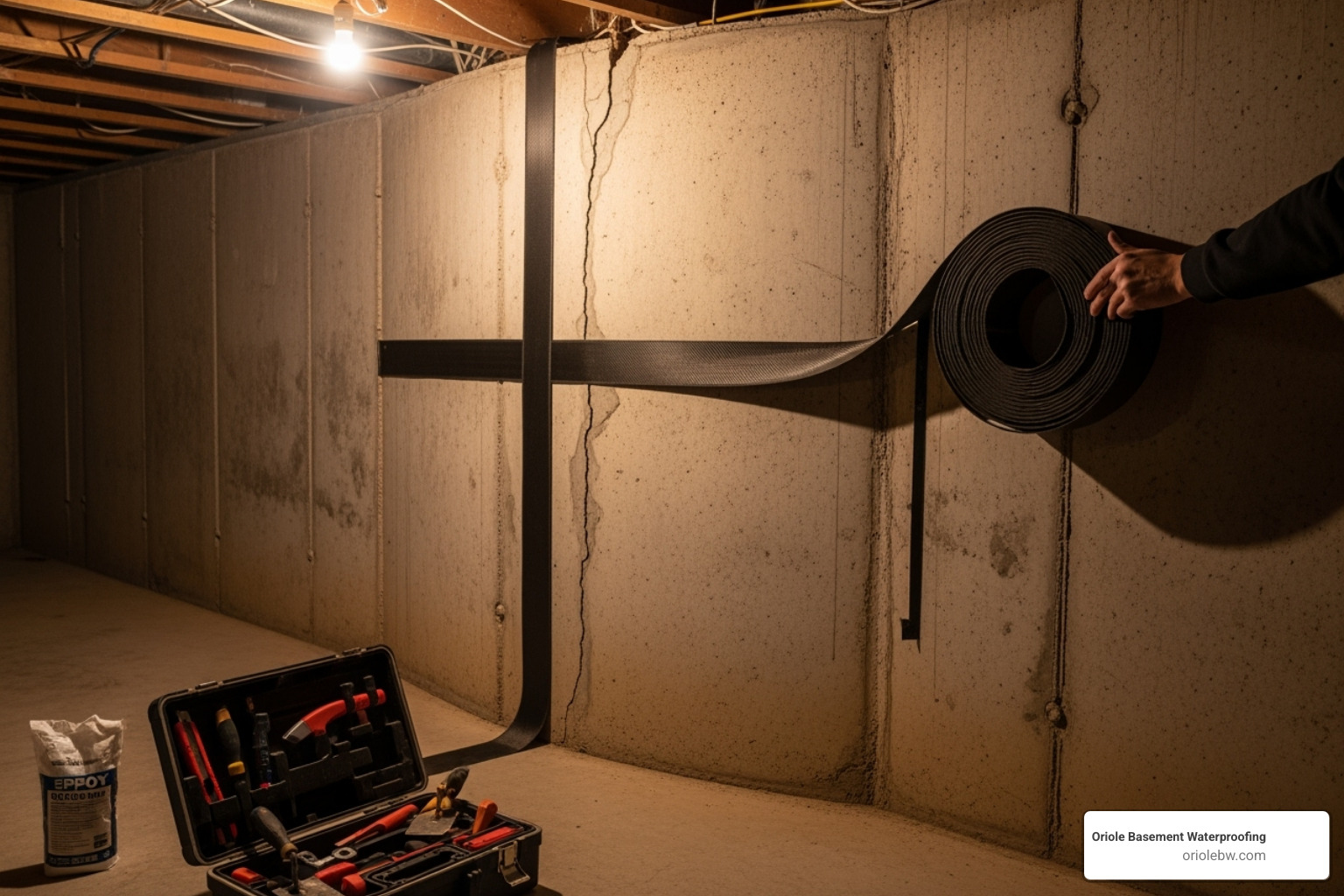 image of a technician applying carbon fiber straps to a bowing basement wall - basement water seepage solutions