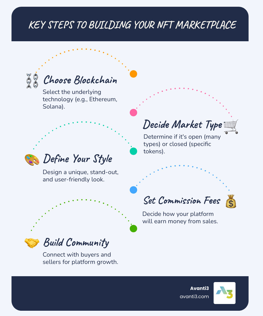 Key steps to building your NFT marketplace, showing choices for blockchain, market type, design, fees, and community engagement - build an nft marketplace infographic infographic-line-5-steps-blues-accent_colors